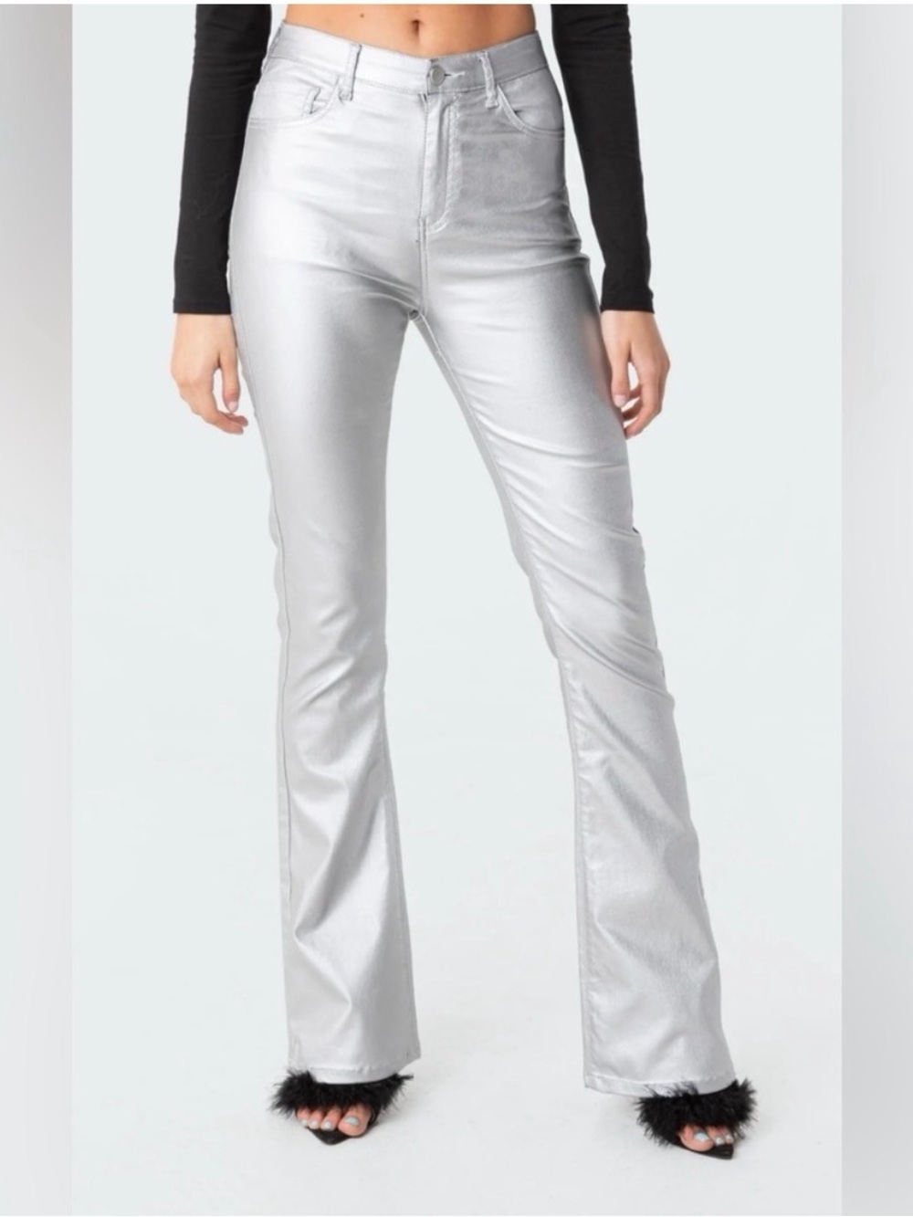 NWT Edikted Luna Faux Leather Flare Jeans in Silver Size Small